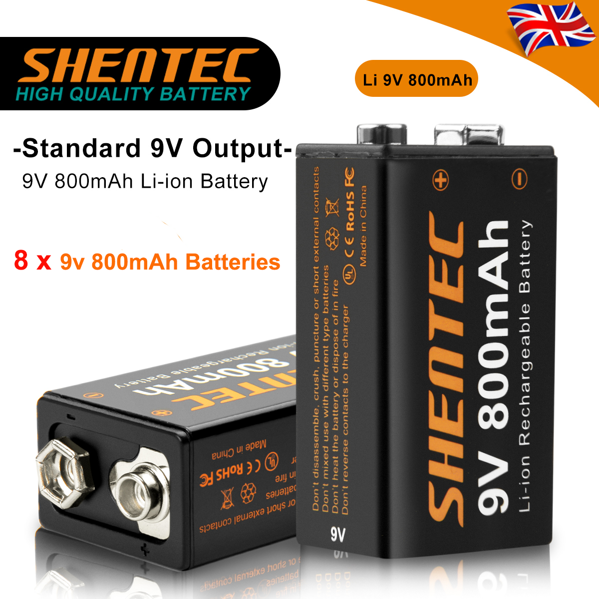 SHENTEC 8Pack 9V 800mAh Lithium Rechargeable Battery 6F22 PP3 LR22 MN1604