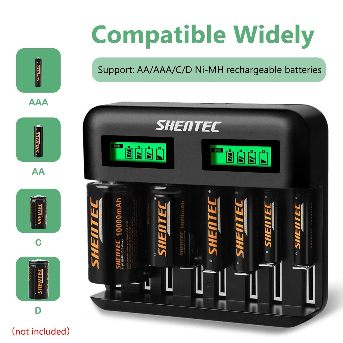 SHENTEC 8-Slot 9V Smart AA AAA C D Ni-MH Rechargeable Battery Charger