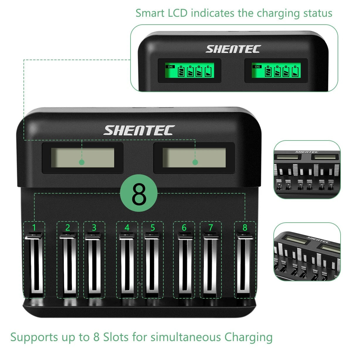 SHENTEC 8-Slot 9V Smart AA AAA C D Ni-MH Rechargeable Battery Charger