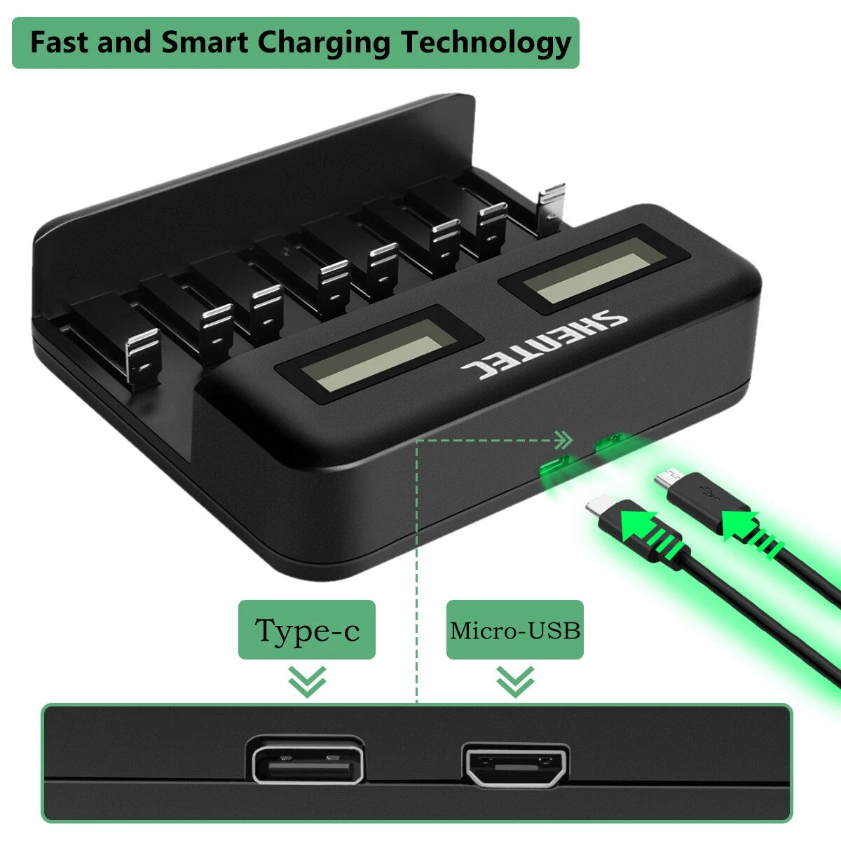 SHENTEC 8-Slot 9V Smart AA AAA C D Ni-MH Rechargeable Battery Charger