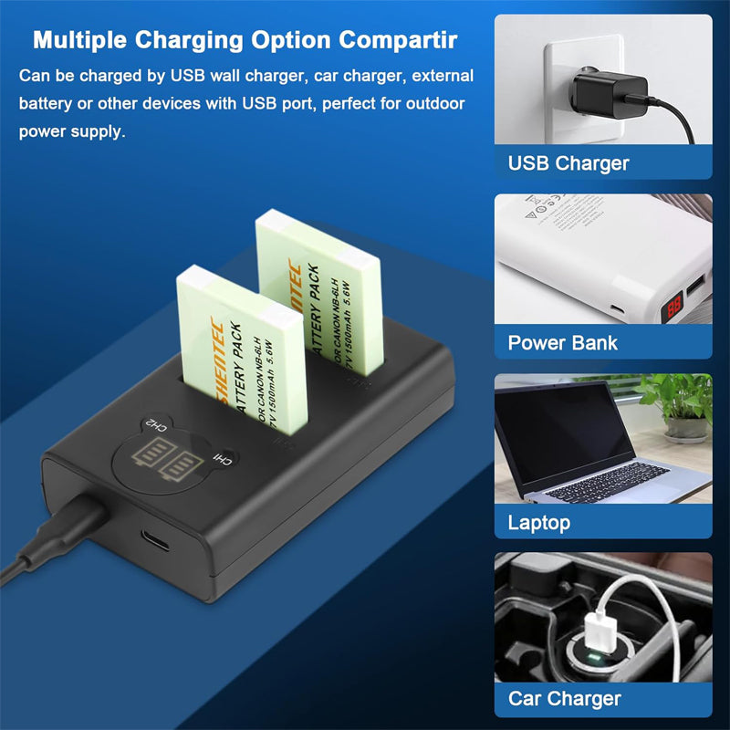 SHENTEC Battery NB-6L, NB-6LH + USB LCD Charger for Canon PowerShot