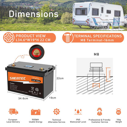 SHENTEC 12V 150Ah LiFePO4 Battery with 150A BMS 4000-10000 Cycles Deep Cycle