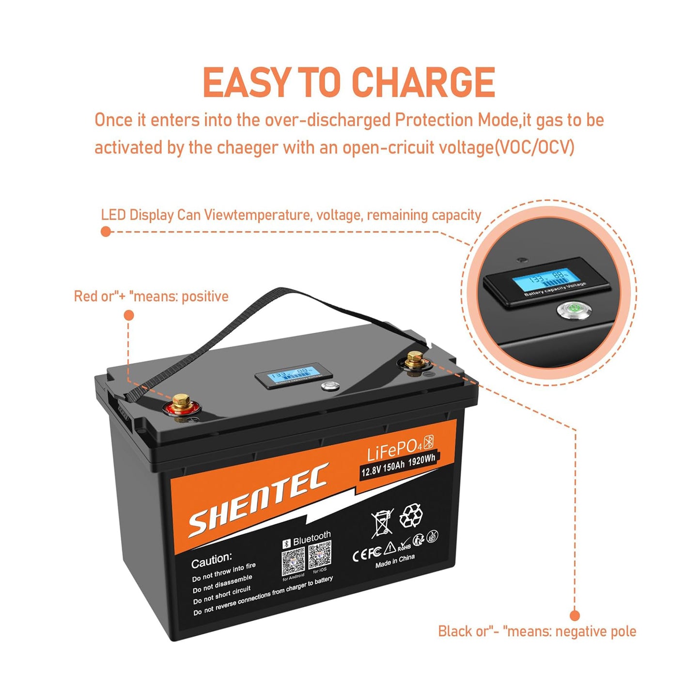 SHENTEC LiFePO4 150Ah Bluetooth Lithium Battery Built-in 150A BMS