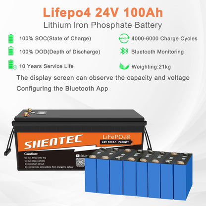 SHENTEC 24V 100Ah Lithium LifePO4 Battery with 100A BMS