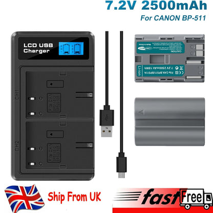 2x BP-511 Battery &LCD Dual Charger For Canon EOS 40D 50D BP-511A 300D 20D 30D