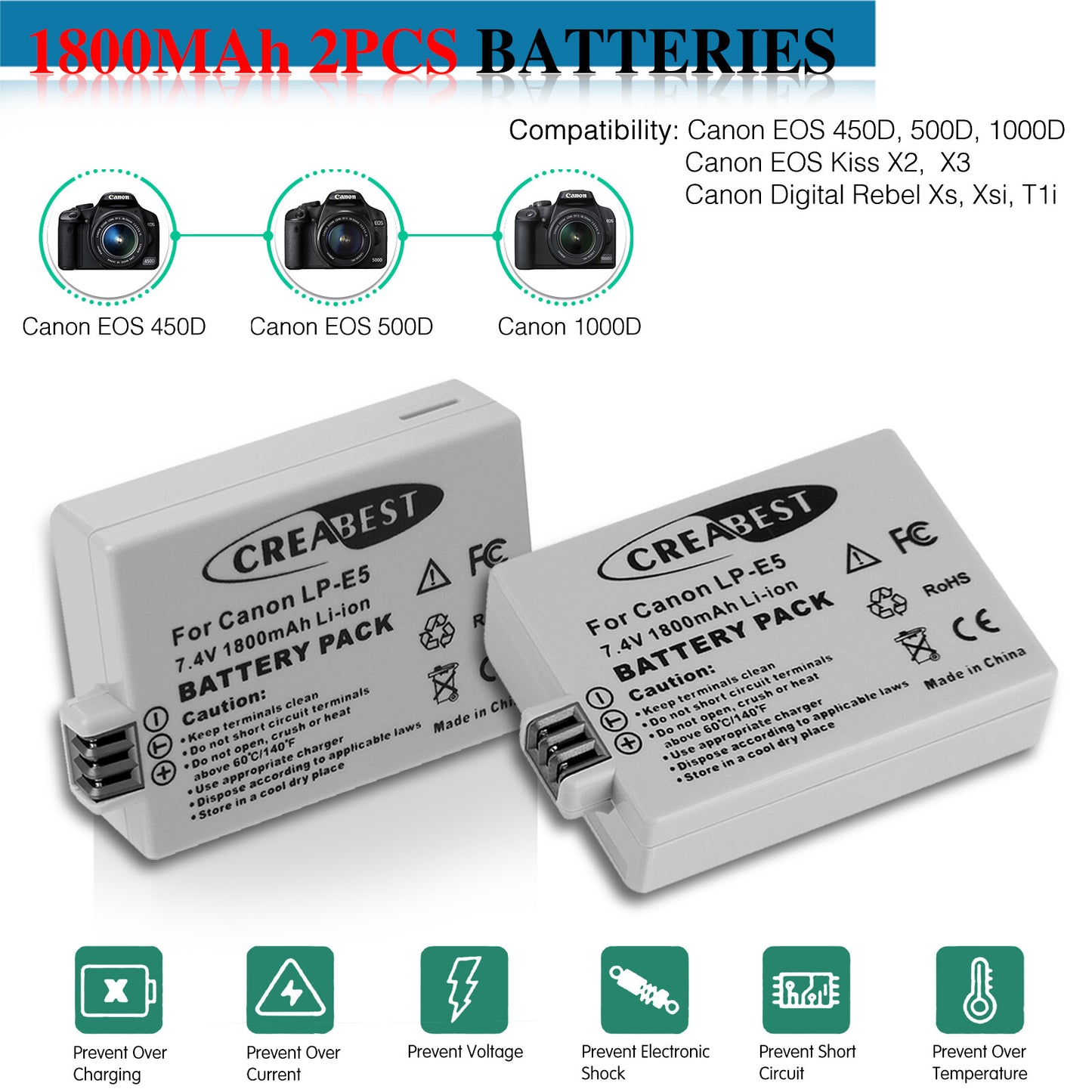 2× LP-E5 Battery 1800mAh For Canon EOS 450D 500D 1000D Rebel T1i Xs Kiss X3 X2