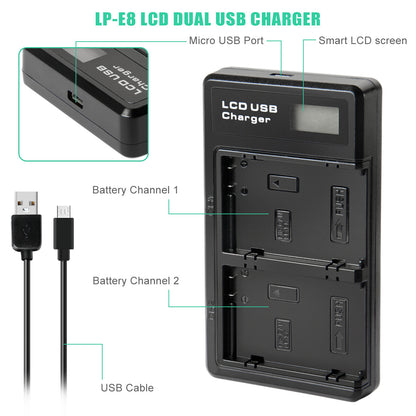 SHENTEC 2x LP-E8 Battery+ Dual Charger For Canon EOS 550D 600D 650D 700D Kiss T2i X4 X5