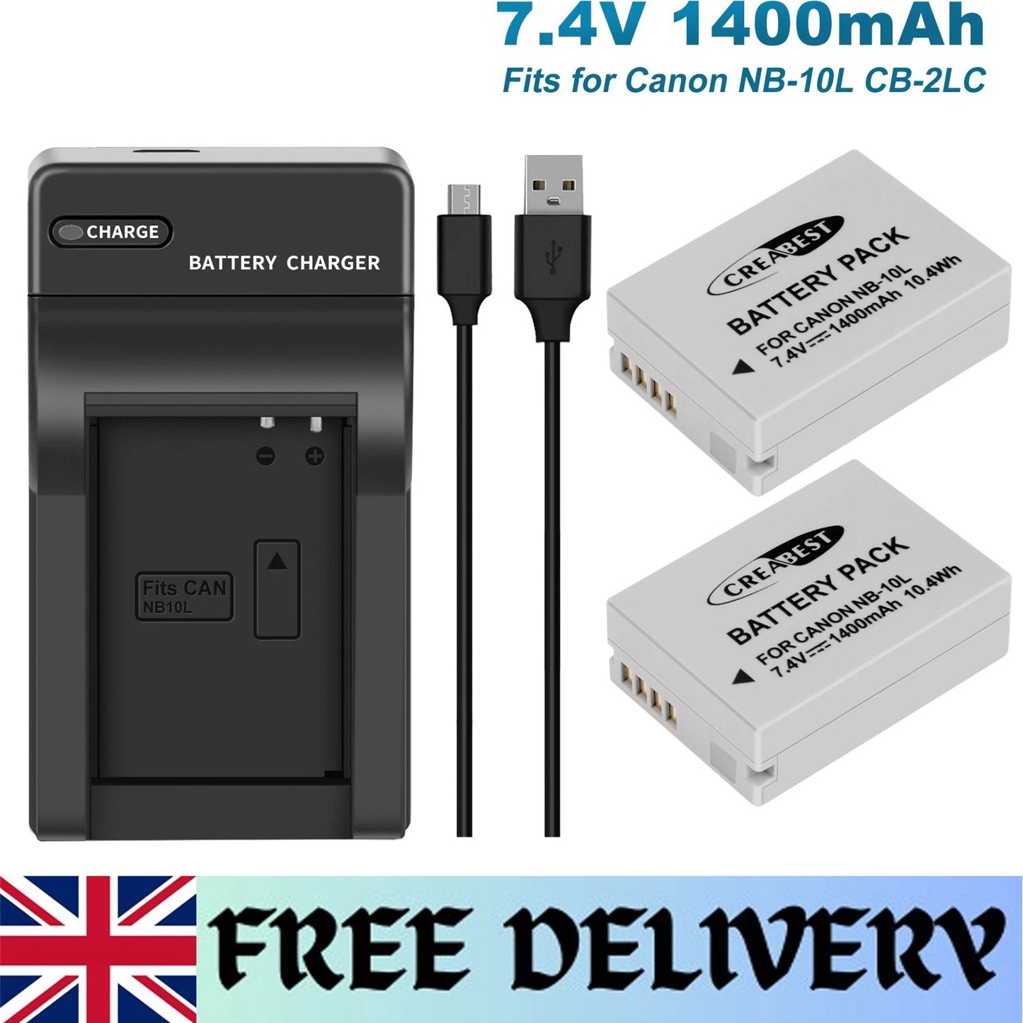2x NB-10L Battery+Charger For Canon PowerShot G15 G16 G1X SX50HS SX60HS SX40HS