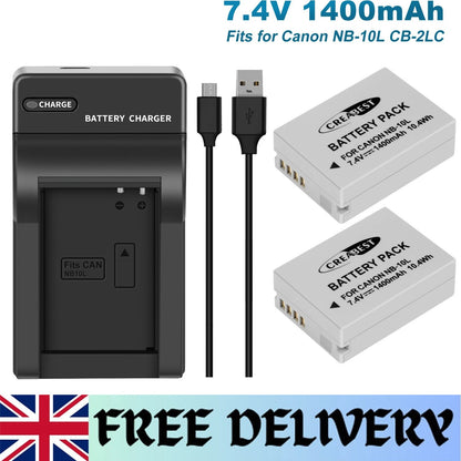 2x NB-10L Battery+Charger For Canon PowerShot G15 G16 G1X SX50HS SX60HS SX40HS