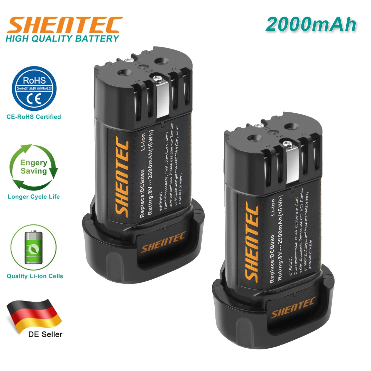 SHENTEC 2 Pack 2000mAh 8-Volt Replacement Battery Compatible with DEWALT