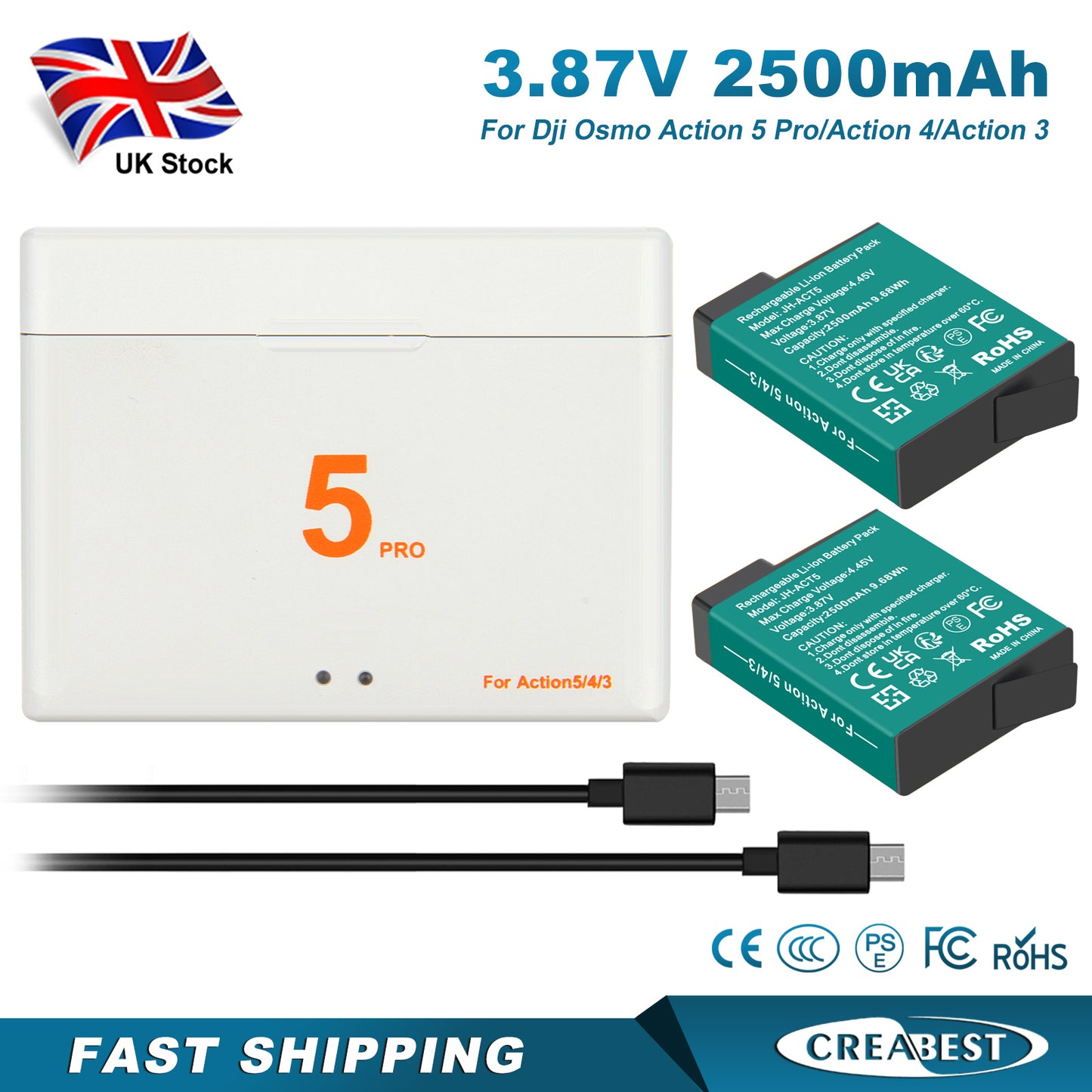 2x Action 4 3 5 Pro Battery+Charger For DJI Osmo Action 5 Pro Action 4 Action 3