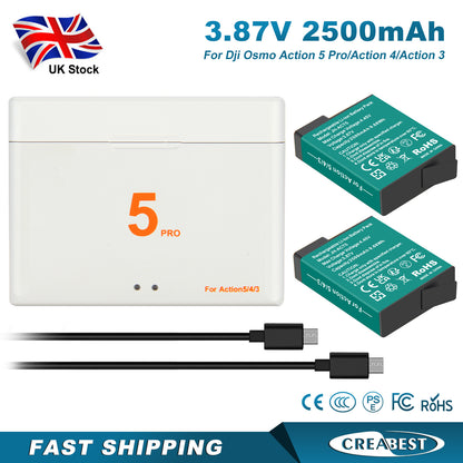 2x Action 4 3 5 Pro Battery+Charger For DJI Osmo Action 5 Pro Action 4 Action 3