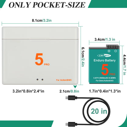 2x Action 4 3 5 Pro Battery+Charger For DJI Osmo Action 5 Pro Action 4 Action 3