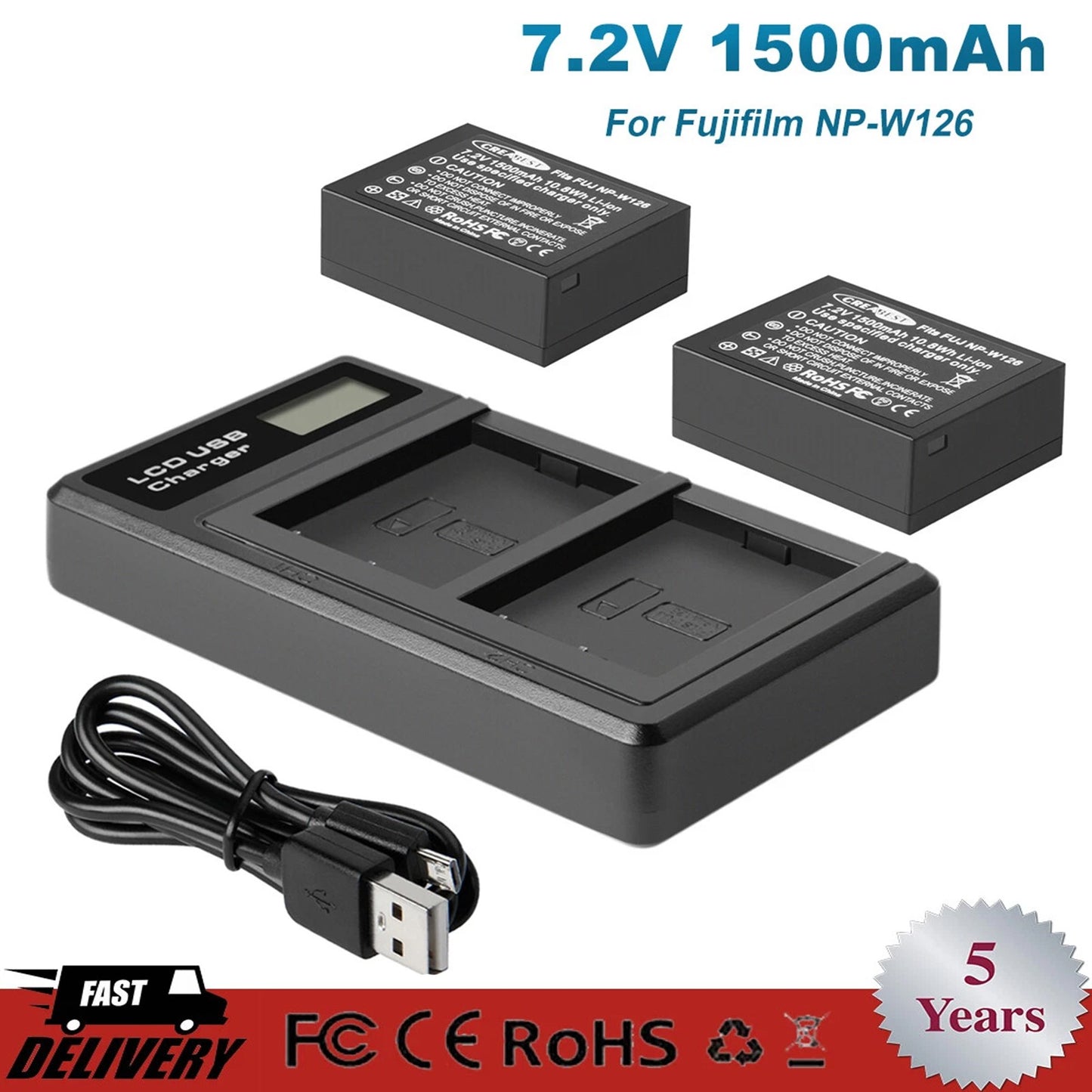 2x NP-W126 W126S Battery+Charger For Fujifilm Fuji X-E1 X-E2 X-E2S X-T10 X-T20