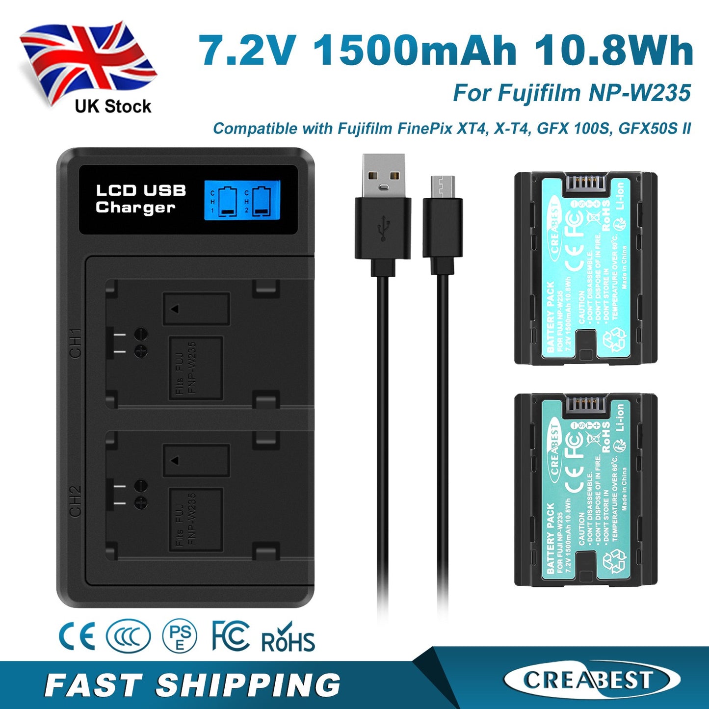 2x NP-W235 Battery+Dual Charger For Fujifilm GFX 100S 50S II X-H2S X-T5 XT4 X-T4