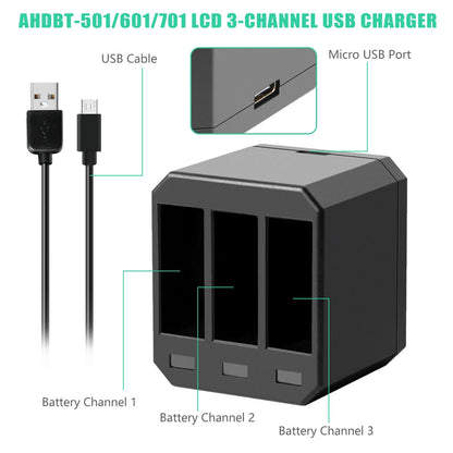 3Pcs Battery AHDBT-501 601 701 For GoPro HERO 7 Hero 6 5 Black +Triple Charger