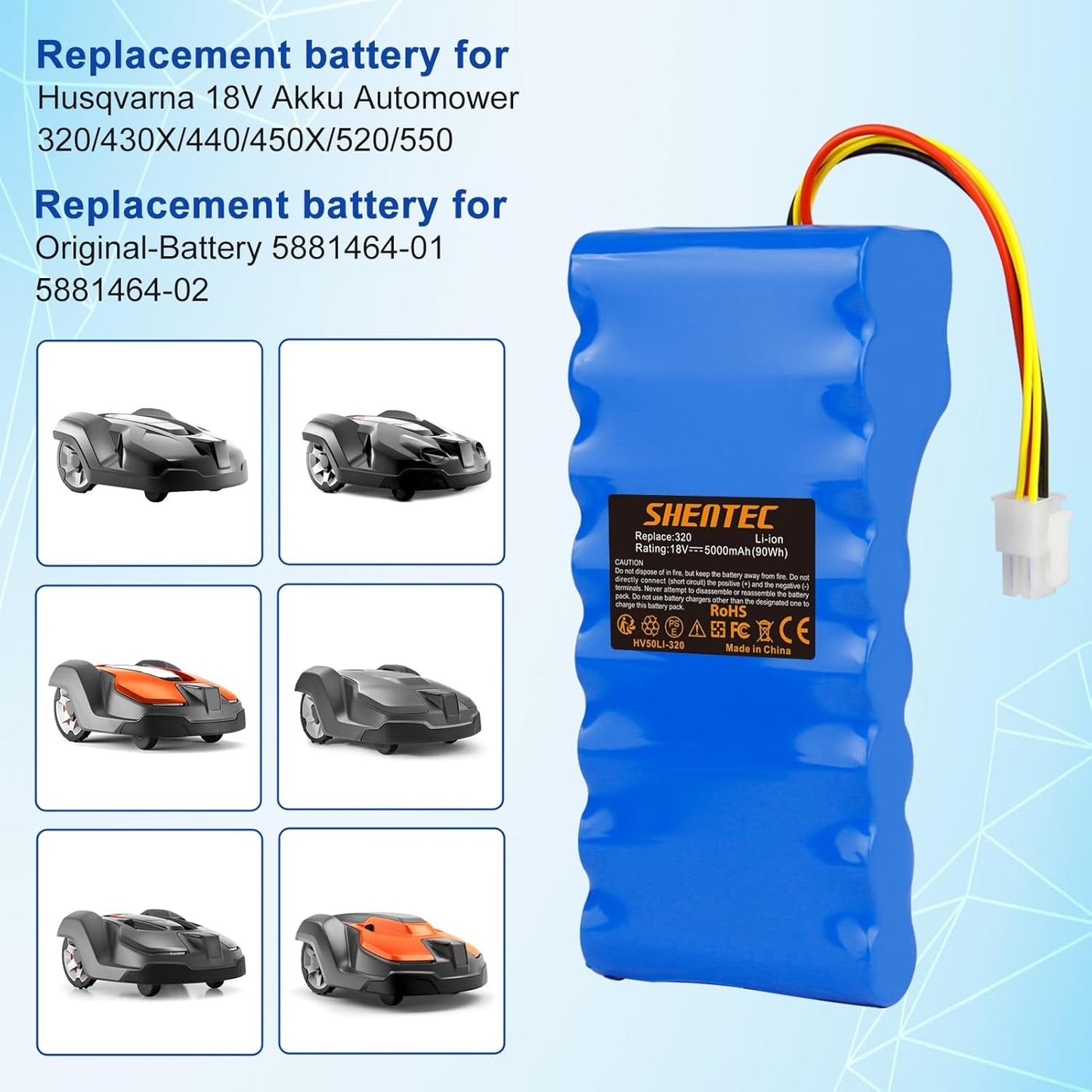 SHENTEC 18V 5000mAh Li-ion Battery for Husqvarna Automower 320/430X/440/450X/520/550  589 58 52-01/589 58 57-01/588 14 64-01/588 14 64-02