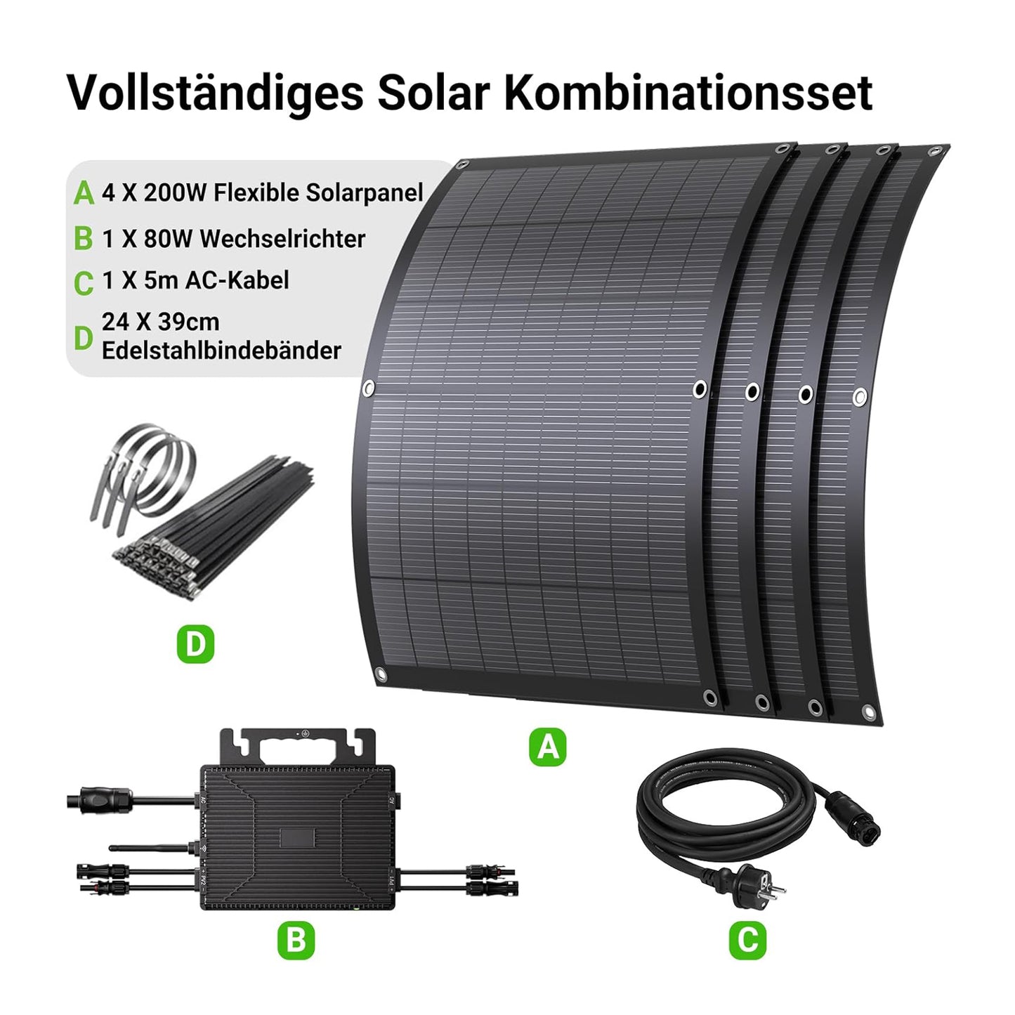 Balcony Power Station 800W Flexible Solar Kit With 4 x 200 W Solar Panel Flexible & Inverter 800 W, Plug and Play with 5 m AC Cable