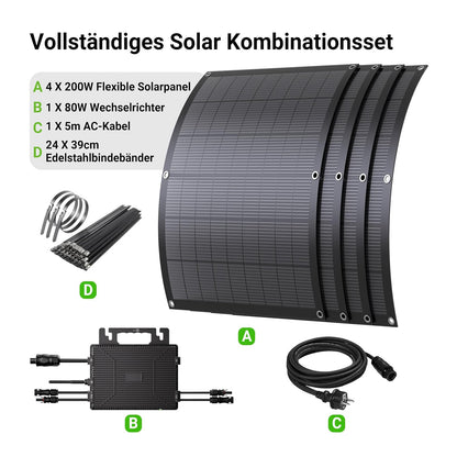Balcony Power Station 800W Flexible Solar Kit With 4 x 200 W Solar Panel Flexible & Inverter 800 W, Plug and Play with 5 m AC Cable