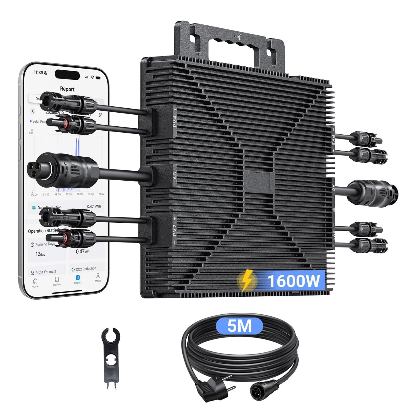 Micro Power Inverter 1600W, Inverter Balcony Power Station with WiFi, Plug & Play, App Control, 5 m AC Cable, PV Inverter