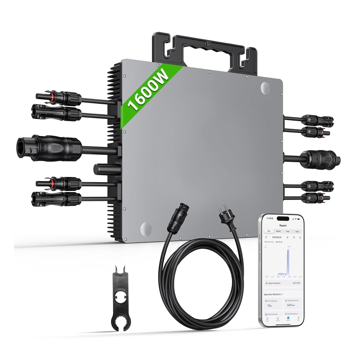 Micro Power Inverter 1600W, Inverter Balcony Power Station with WiFi, Plug & Play, App Control, 5 m AC Cable, PV Inverter