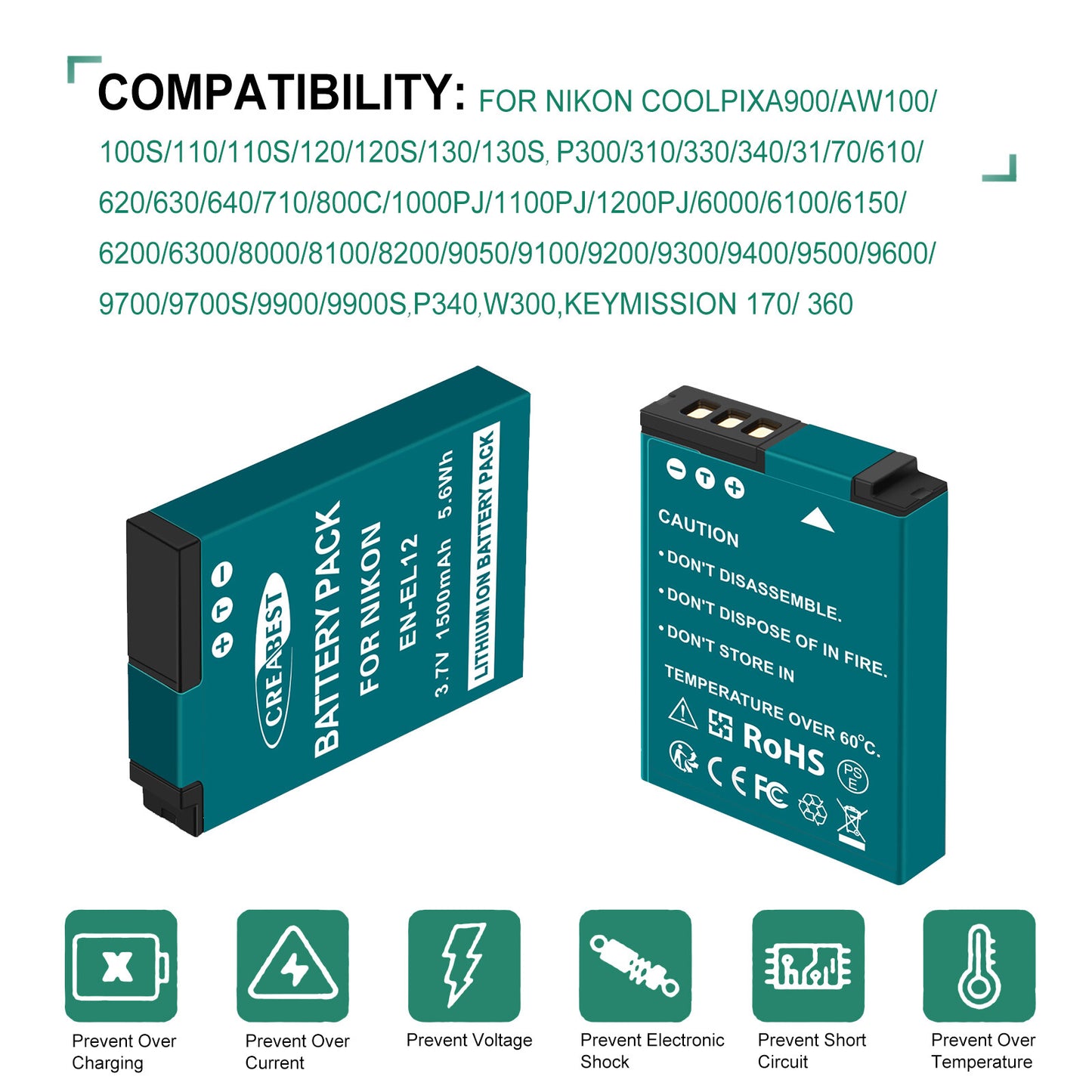 2x EN-EL12 Battery+Charger For Nikon CoolPix P310 P330 B600 A900 P300 S8000 S31