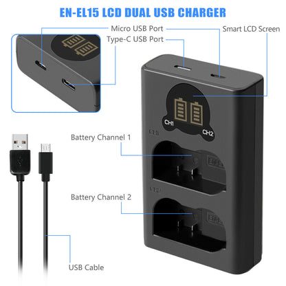 2x EN-EL15 Battery+Dual Charger For Nikon EL15A D500,D600,D610,D750,D850,D800E