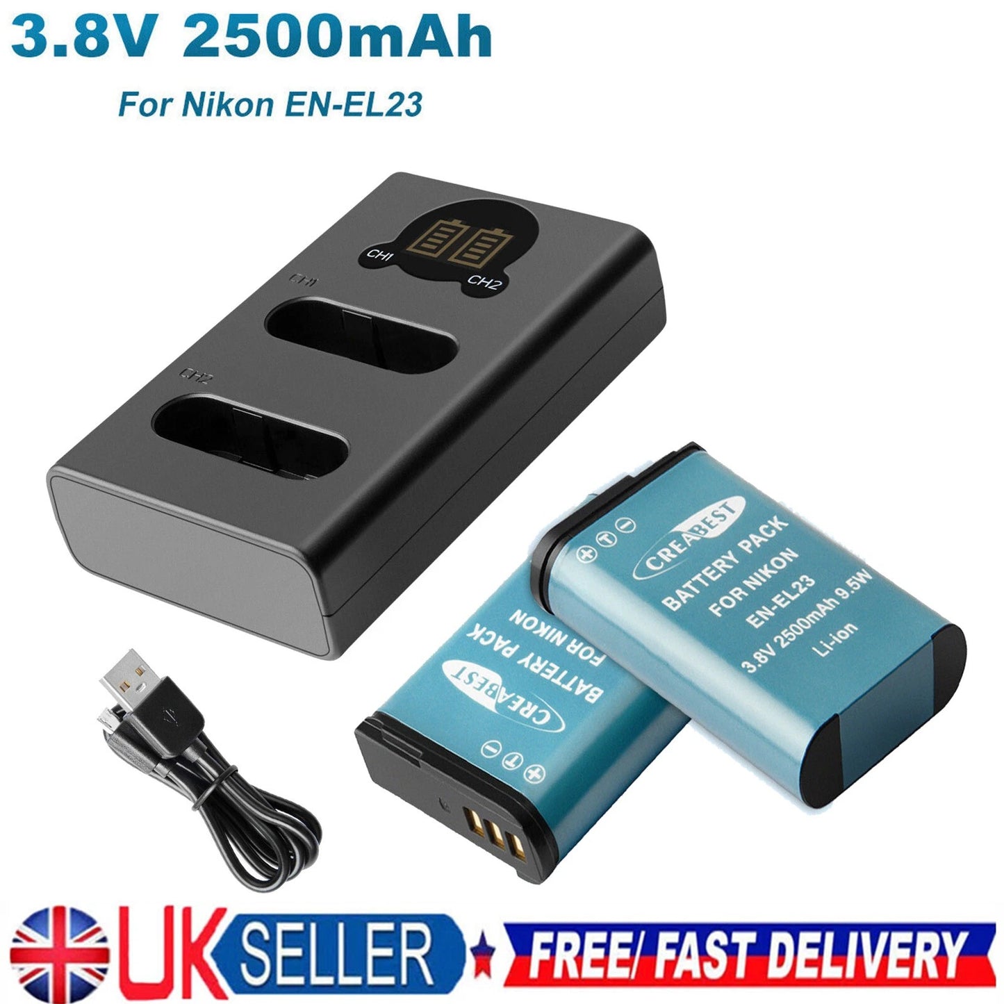 2X EN-EL23 Battery &Charger For Nikon Coolpix P900 S810c B700 P600 P610 P610s