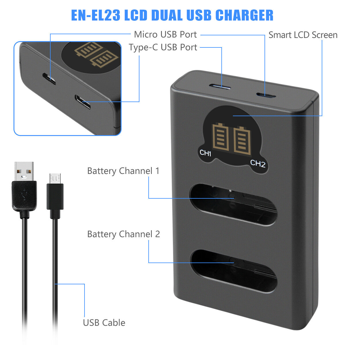 2X EN-EL23 Battery &Charger For Nikon Coolpix P900 S810c B700 P600 P610 P610s