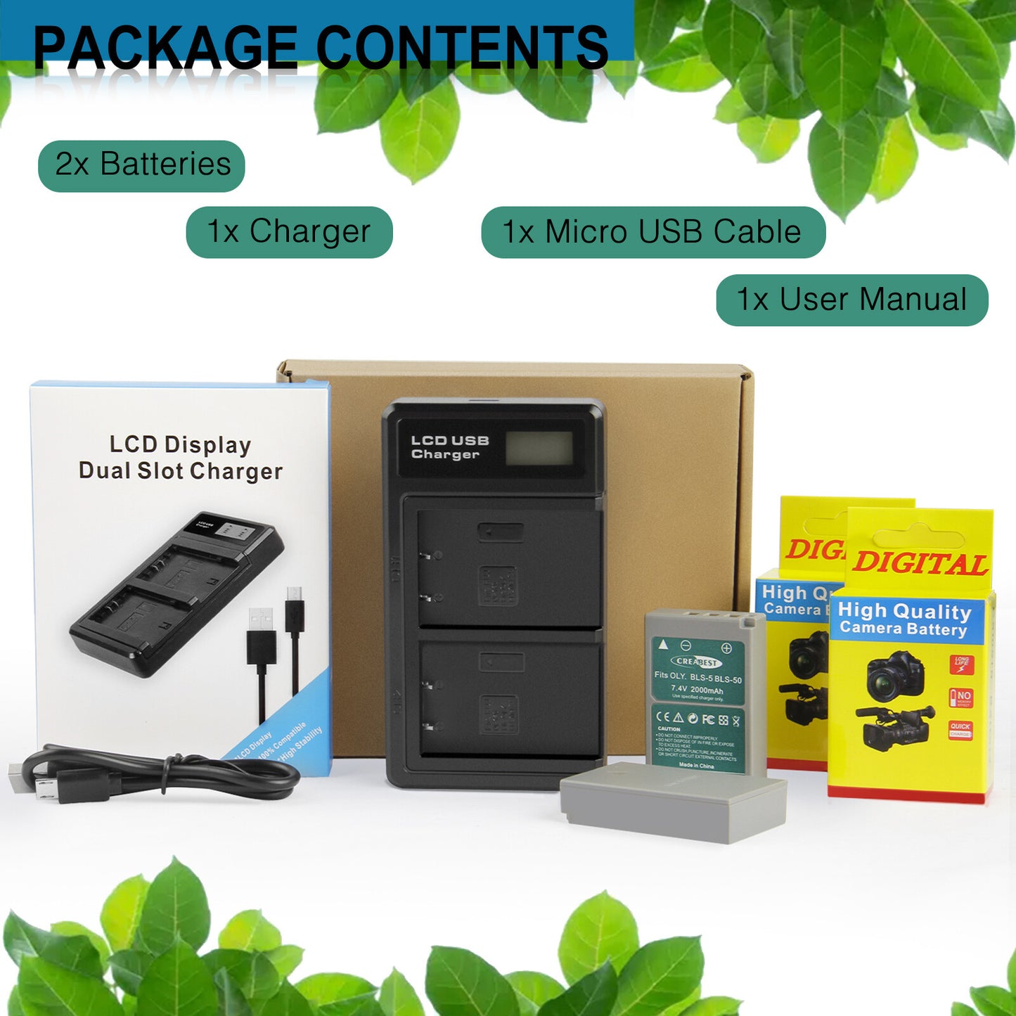 2x BLS-5 BLS-50 PS-BLS5 2000mAh Camera Battery + Dual Charger For Olympus PEN