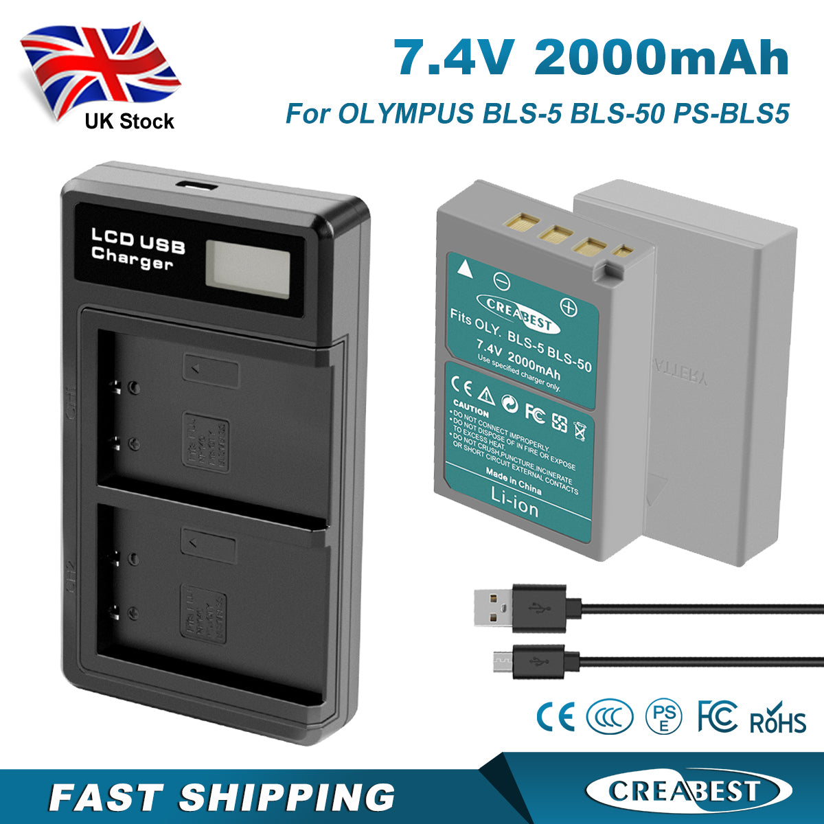 2x BLS-5 BLS-50 PS-BLS5 2000mAh Camera Battery + Dual Charger For Olympus PEN