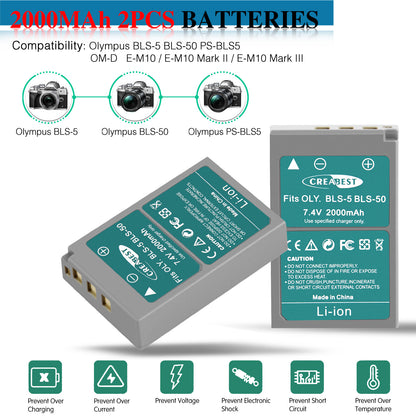 2x BLS-5 BLS-50 PS-BLS5 2000mAh Camera Battery + Dual Charger For Olympus PEN