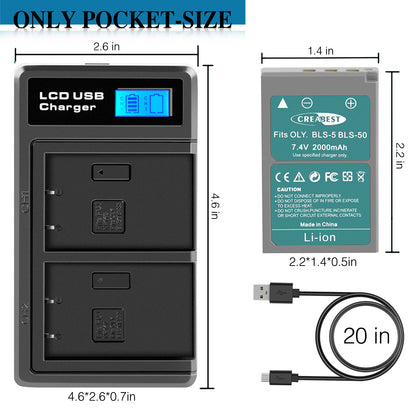 2x BLS-5 BLS-50 PS-BLS5 2000mAh Camera Battery + Dual Charger For Olympus PEN