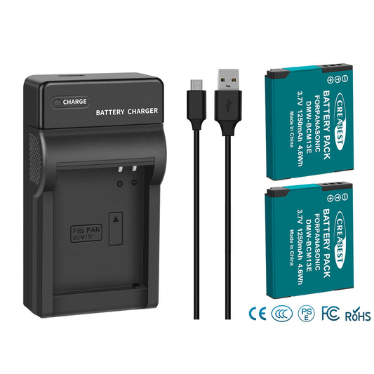 2Pcs DMW-BCM13 1250mAh Battery Charger For Panasonic Lumix DMC-TZ40S ZS50 ZS30W
