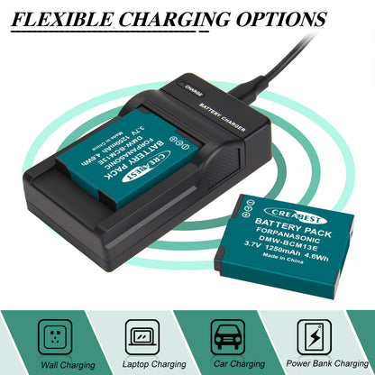 2Pcs DMW-BCM13 1250mAh Battery Charger For Panasonic Lumix DMC-TZ40S ZS50 ZS30W