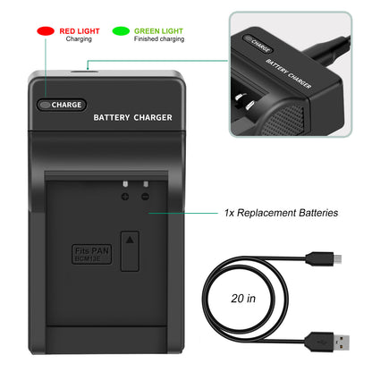 2Pcs DMW-BCM13 1250mAh Battery Charger For Panasonic Lumix DMC-TZ40S ZS50 ZS30W