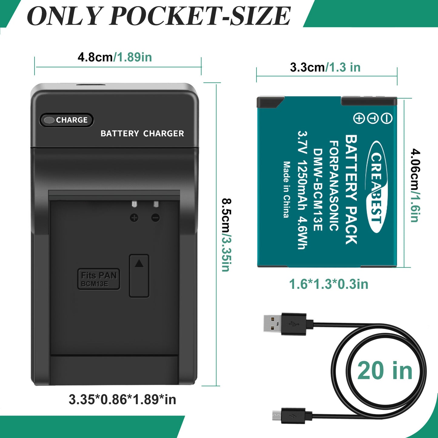 2Pcs DMW-BCM13 1250mAh Battery Charger For Panasonic Lumix DMC-TZ40S ZS50 ZS30W