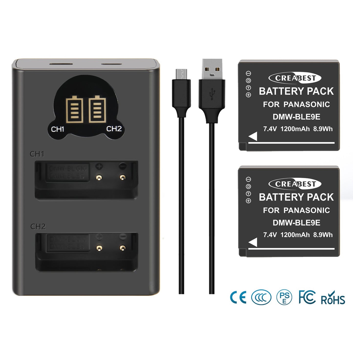 2Pcs DMW-BLE9E Battery Charger For Panasonic Lumix GF5 GX7 DMC- GF3 DC-G110 GX85