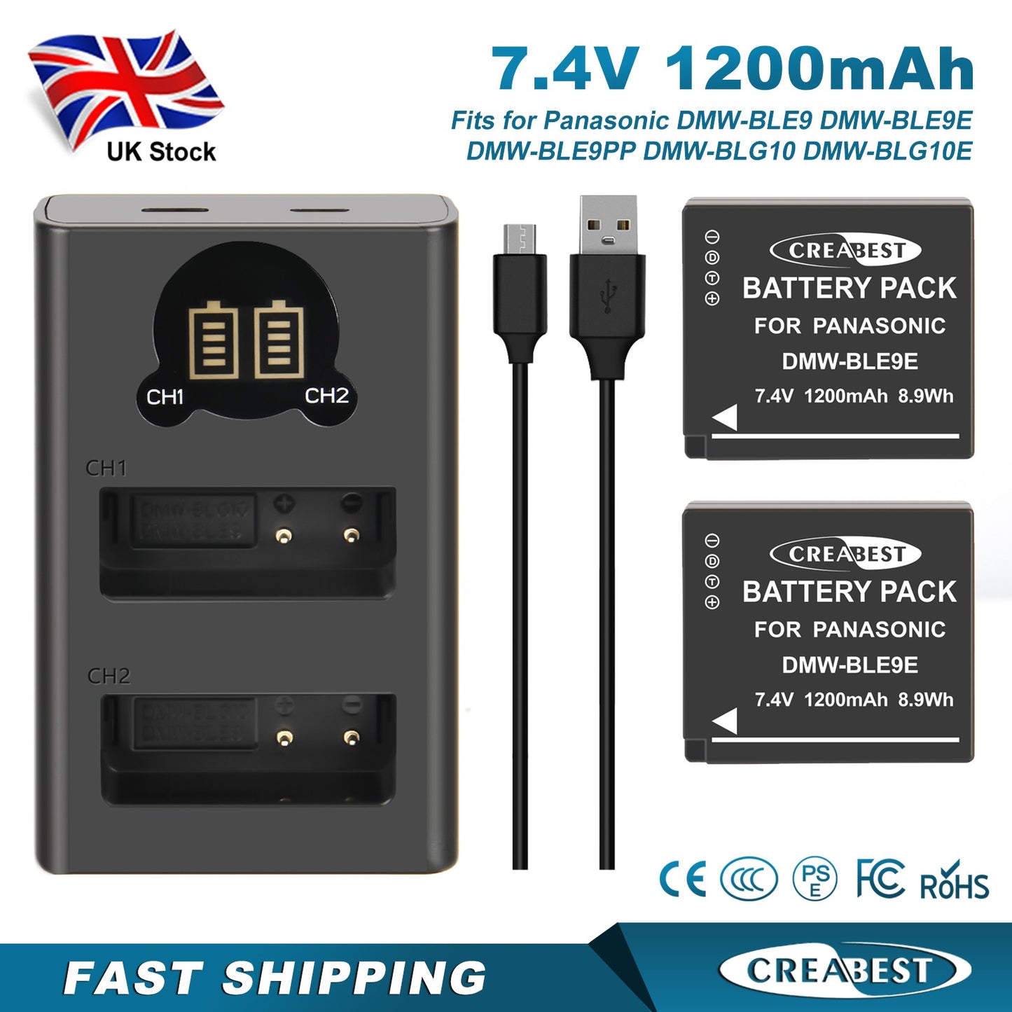 2Pcs DMW-BLE9E Battery Charger For Panasonic Lumix GF5 GX7 DMC- GF3 DC-G110 GX85