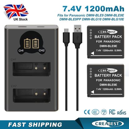 2Pcs DMW-BLE9E Battery Charger For Panasonic Lumix GF5 GX7 DMC- GF3 DC-G110 GX85