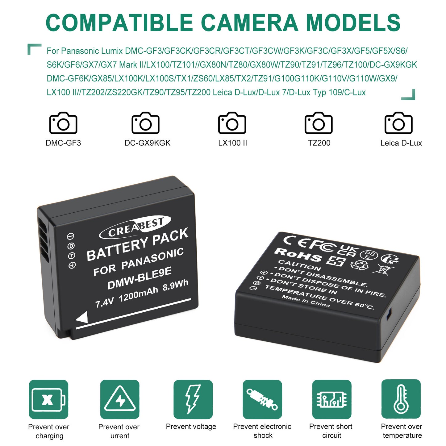 2Pcs DMW-BLE9E Battery Charger For Panasonic Lumix GF5 GX7 DMC- GF3 DC-G110 GX85
