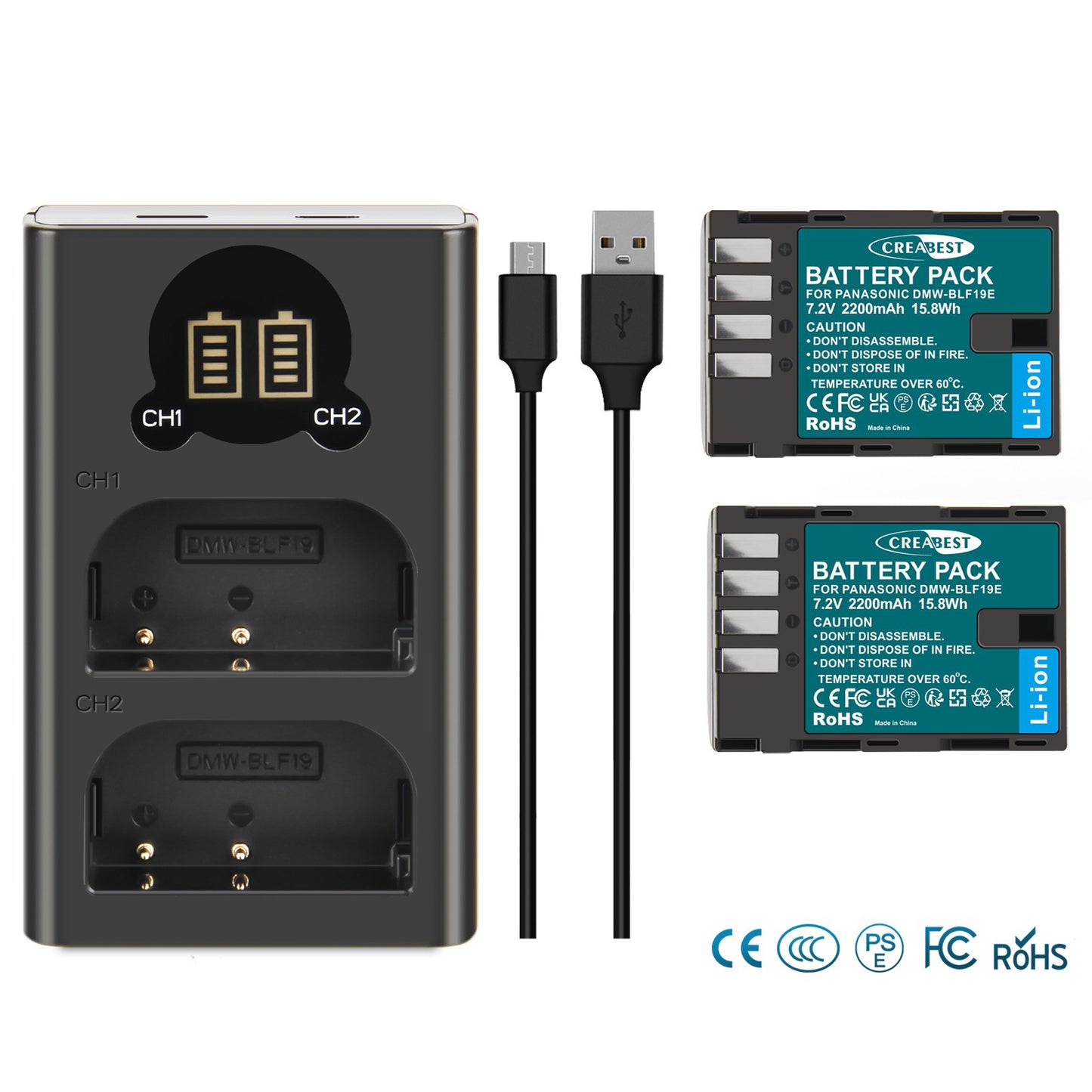 2x DMW-BLF19 Battery &LCD Charger For Panasonic Lumix GH3 GH4 GH5 GH5M2 GH5S G9
