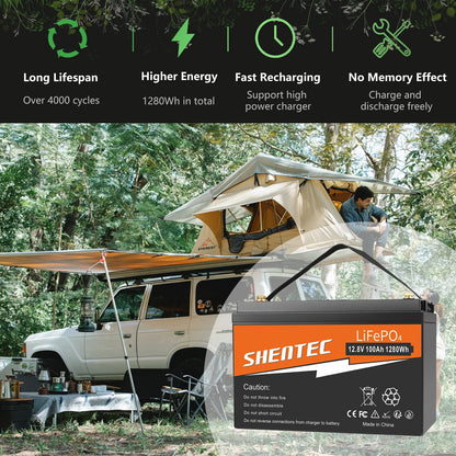 SHENTEC 12 V 100 Ah LiFePO4 Battery Wth LED Display Built-in 100 A BMS for Backup Power