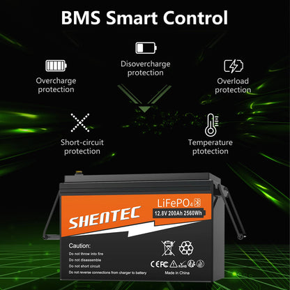 SHENTEC 12V 200Ah Lithium LiFePO4 Battery for Boat Camper 6000+Cycle