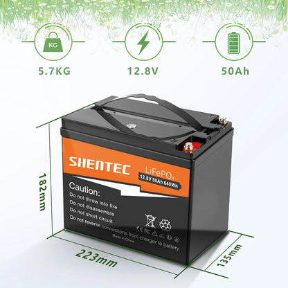 SHENTEC 12.8V 50Ah Lithium LiFePO4 Battery for Solar RV Boat Caravan Camping
