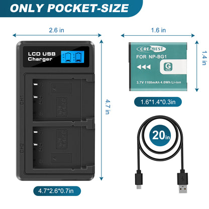 2x NP-BG1/FG1 Battery+Dual Charger For Sony Cyber-Shot DSC-W30 W170 W70 W90 W115