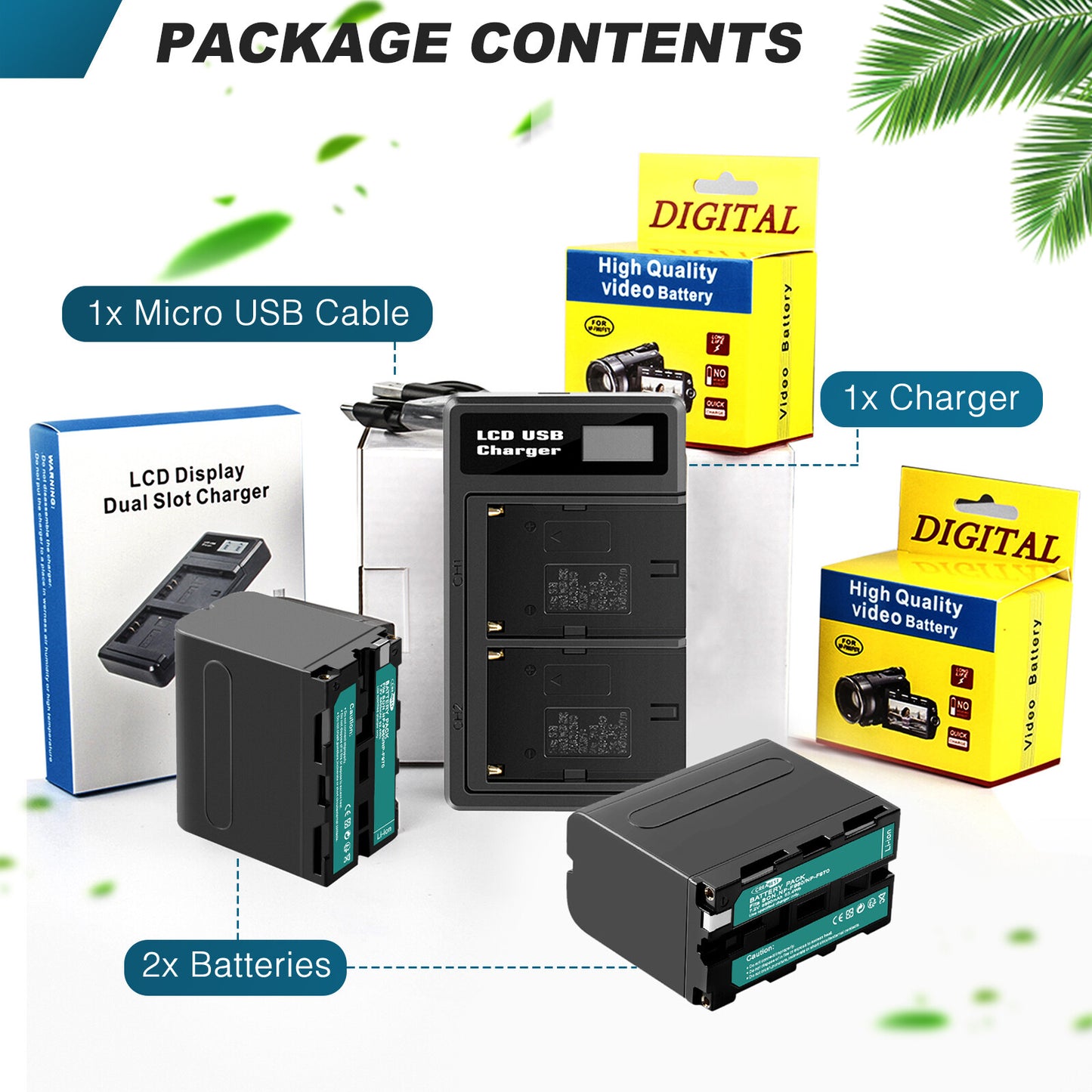 2x NP-F960 NP-F970 NP-F950 8.8Ah Battery + Dual Charger For Sony NP-F330 NP-F550