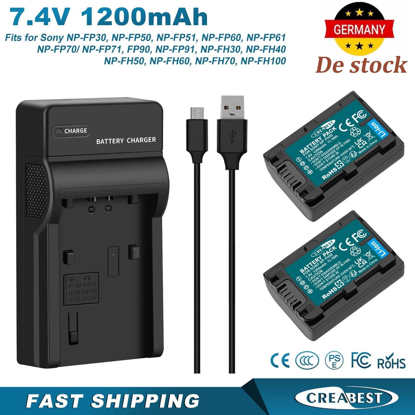 2x NP-FP50,NP-FP51 7.4V Battery+Charger For Sony NP-FH40 NP-FH50 NP-FH60 NP-FH70