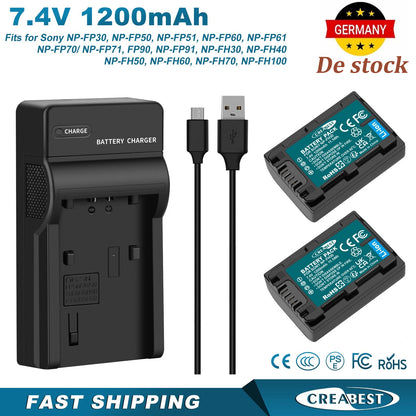 2x NP-FP50,NP-FP51 7.4V Battery+Charger For Sony NP-FH40 NP-FH50 NP-FH60 NP-FH70