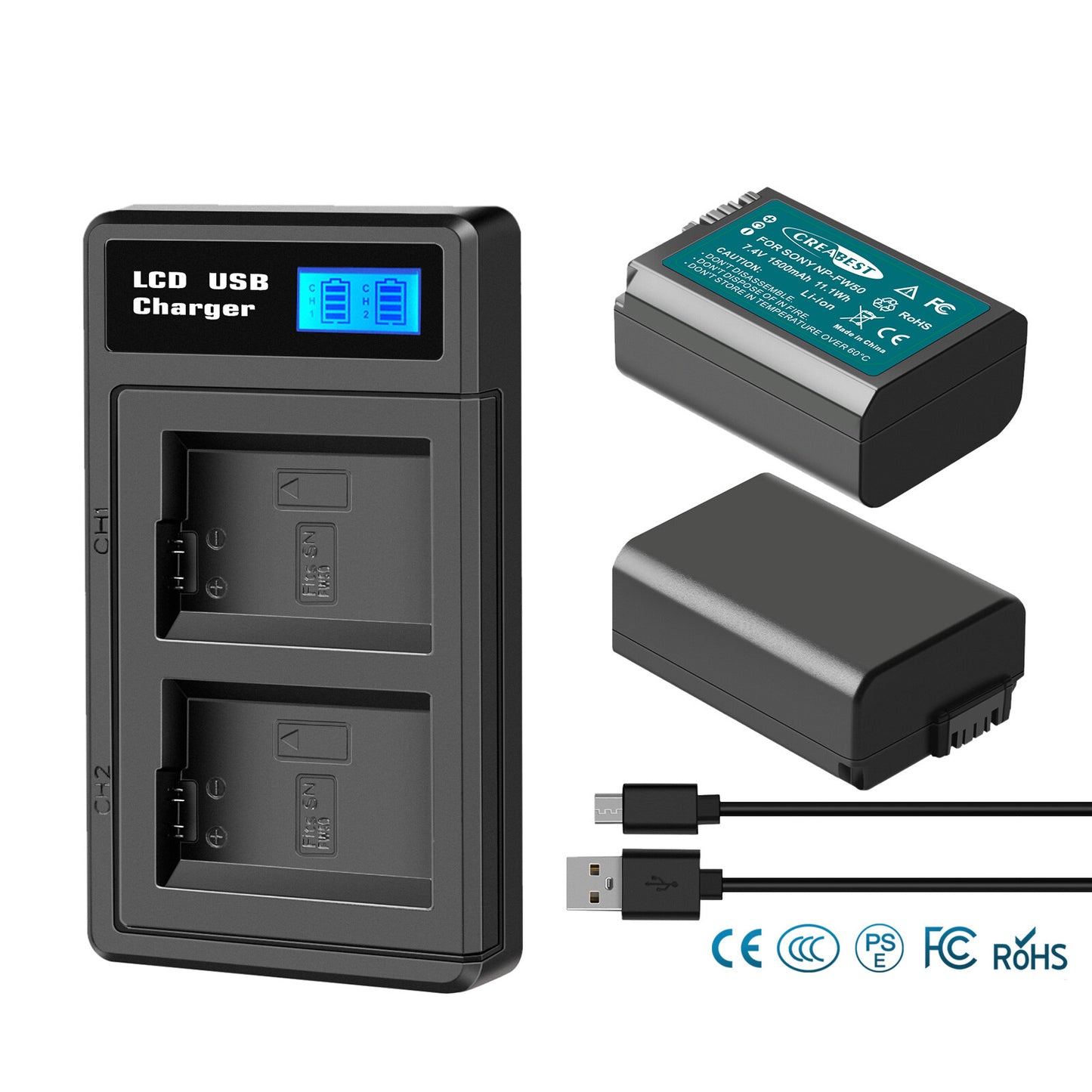 2X NP-FW50 Battery &Fast Charger For Sony A6500 A6000 A7R A7RII A7S A7II RX10